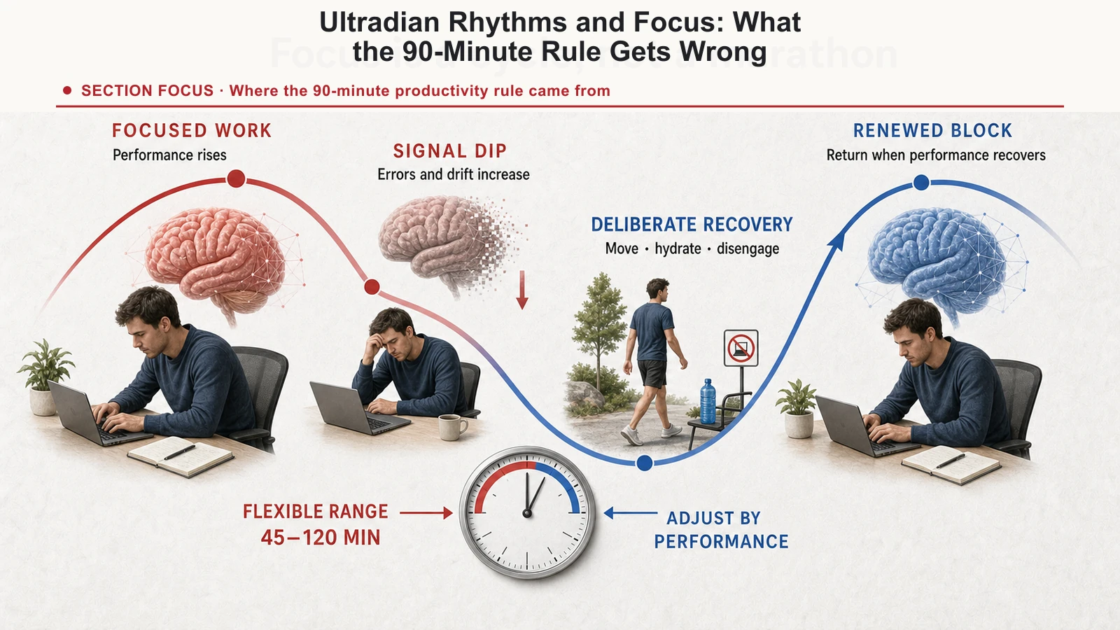 Focus cycle showing concentrated work, a performance dip, deliberate recovery, and a renewed work block.