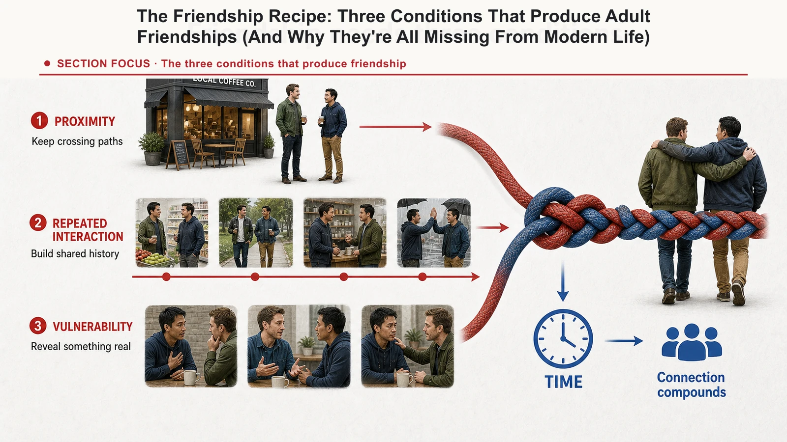 Friendship diagram showing how proximity, repeated unplanned interaction, and vulnerability build connection over time.