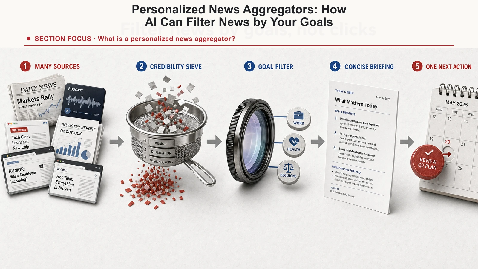News pipeline filtering many sources through personal goals, credibility checks, and a concise actionable briefing.