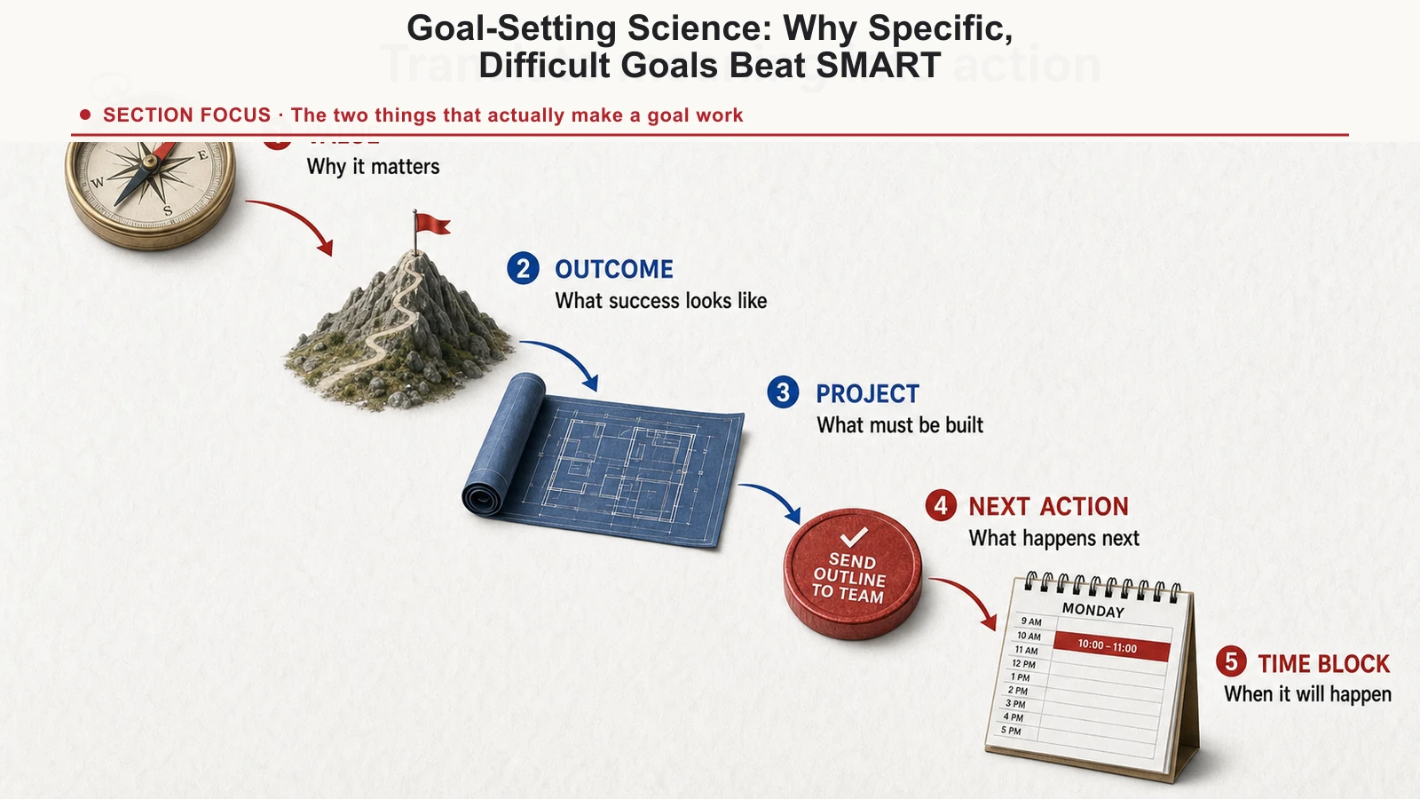 Planning ladder translating values into an outcome, project, next action, and scheduled time.