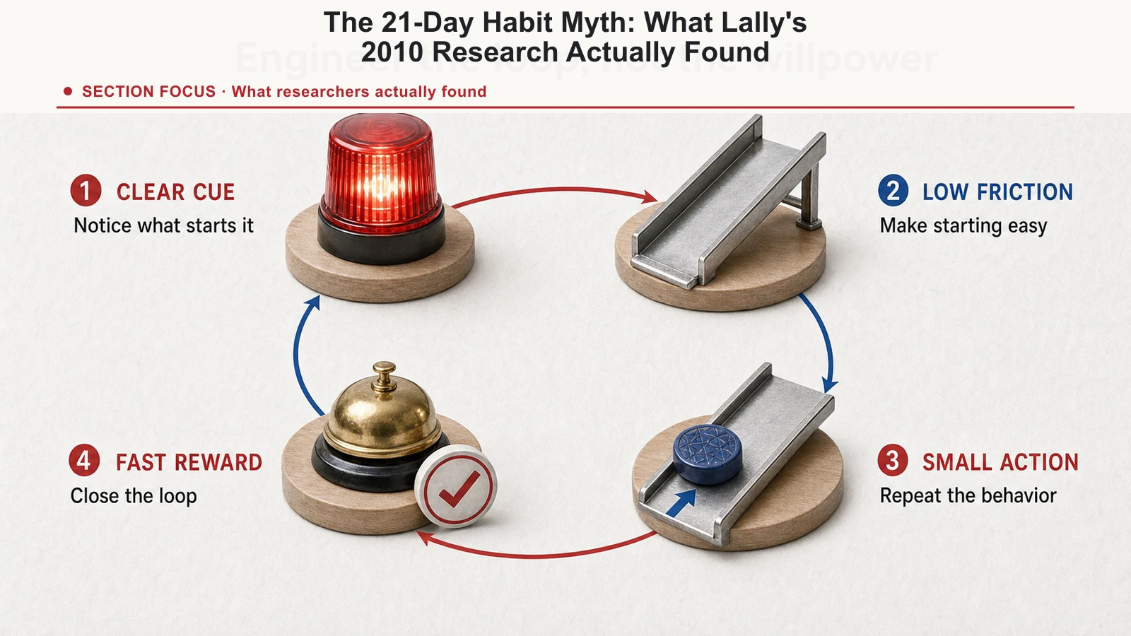 Habit loop showing how a clear cue, low friction, a small action, and immediate reward make repetition easier.