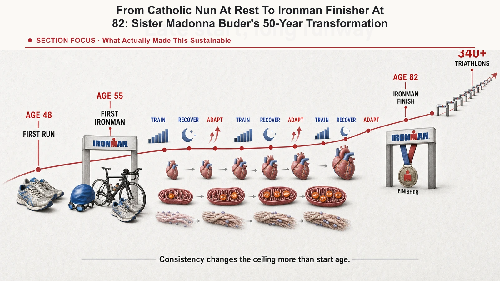 Long-horizon adaptation timeline showing a first run at 48, a first Ironman at 55, and continued competition into the eighties.