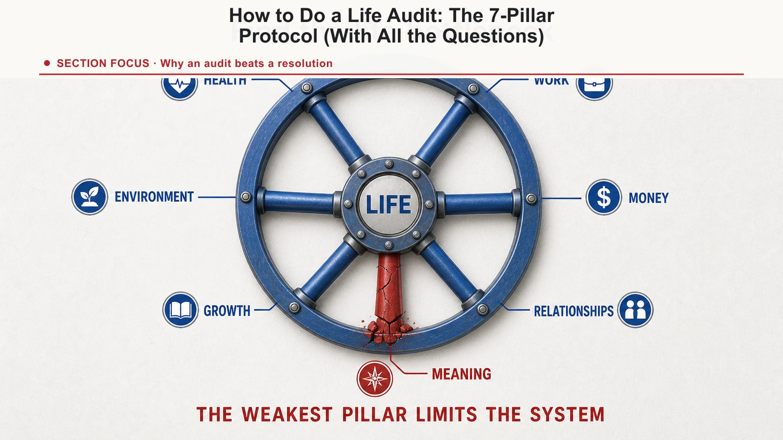 Seven-part life audit wheel showing how the weakest pillar can constrain the rest of the system.
