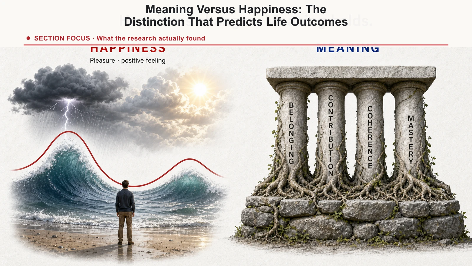 Diagram distinguishing short-term happiness from meaning built through contribution, coherence, belonging, and mastery.