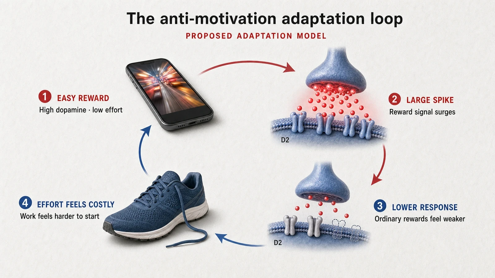 Proposed adaptation loop connecting easy rewards, dopamine spikes, lower receptor response, and higher perceived effort.