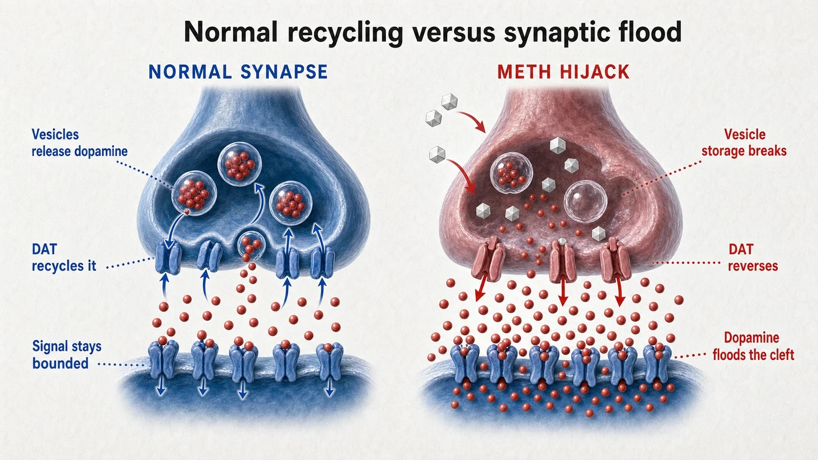 Synapse illustration comparing normal dopamine recycling with a methamphetamine-driven dopamine flood.