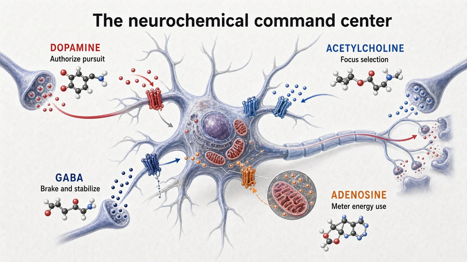 Neuron illustration showing dopamine, acetylcholine, GABA, and adenosine acting through distinct signaling pathways.