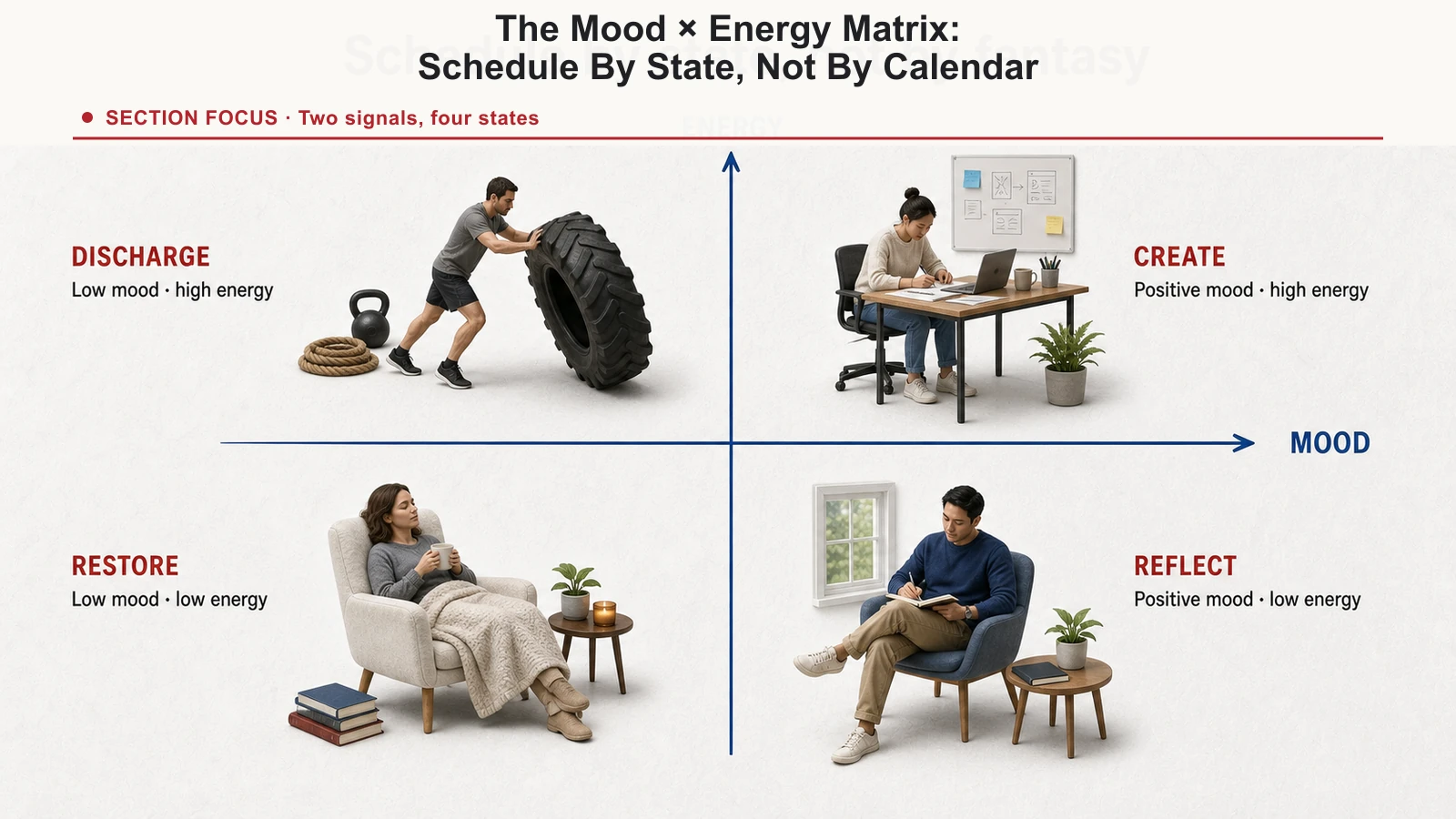 Two-axis mood and energy matrix mapping high and low states to the kinds of work they support.
