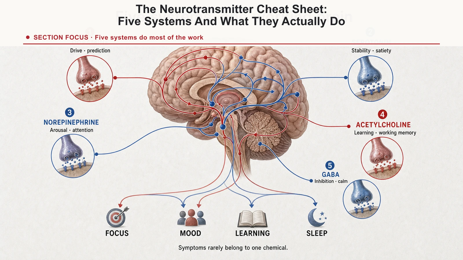 Five-system brain map showing the distinct and overlapping roles of dopamine, serotonin, norepinephrine, acetylcholine, and GABA.