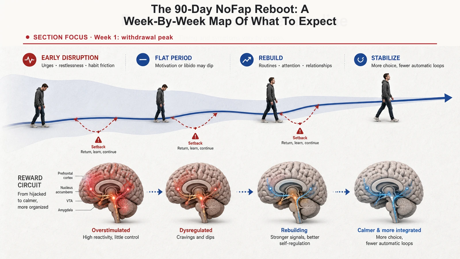 Recovery timeline showing early disruption, a variable flat period, rebuilding routines, and longer-term stabilization.