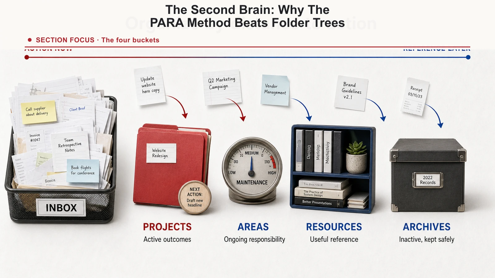 PARA diagram organizing information by distance to action across projects, areas, resources, and archives.