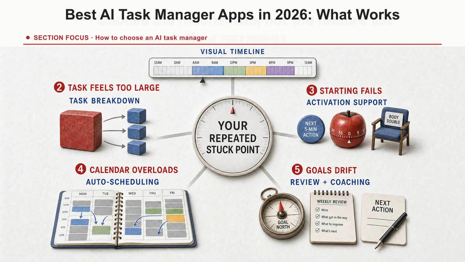 Planner selection map matching invisible time, oversized tasks, difficult starts, calendar overload, and drifting goals to different planning mechanisms.