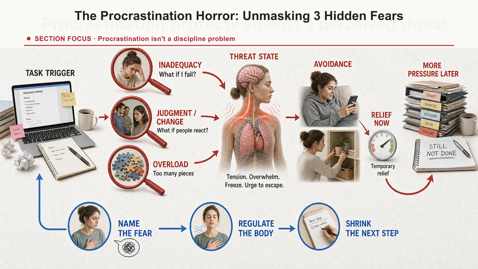 Diagram showing how fear of inadequacy, fear of judgment or change, and working-memory overload trigger avoidance.