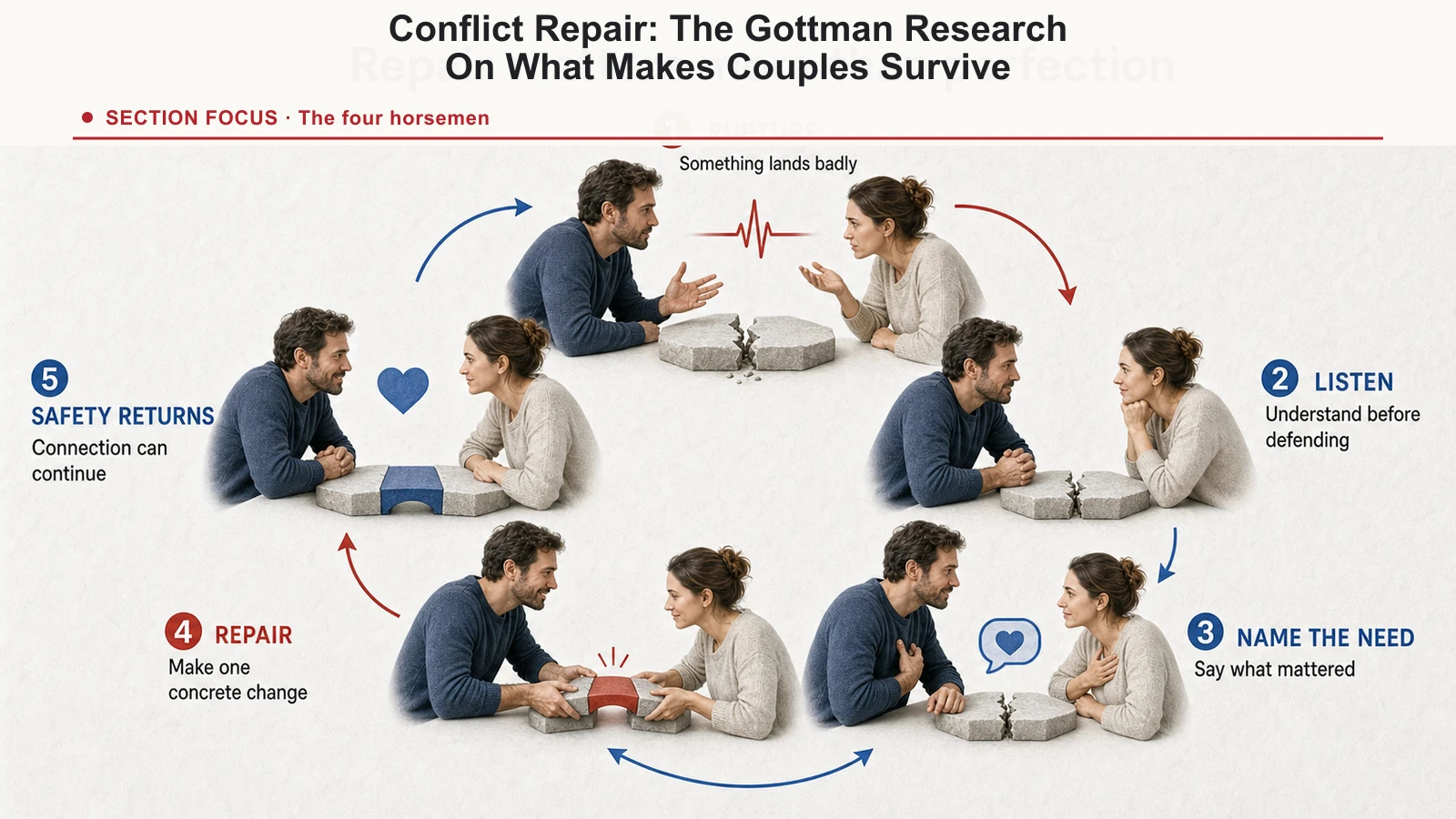 Relationship repair loop connecting a difficult moment, listening, naming the need, repair, and renewed safety.