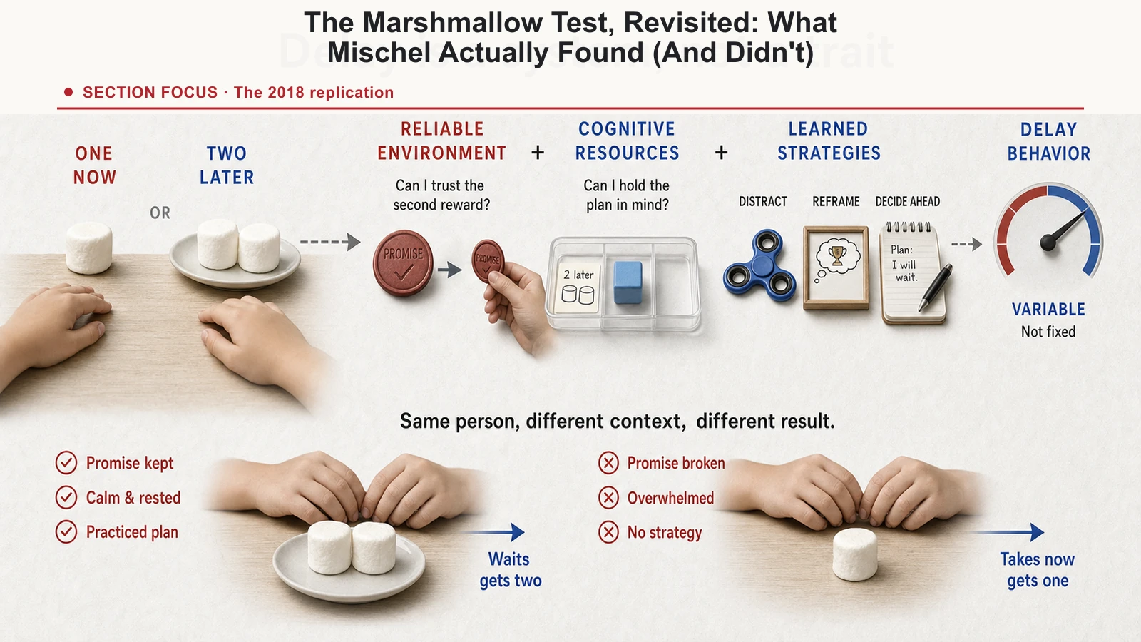 Self-control model showing how environmental reliability, cognitive resources, and learnable strategies shape delayed gratification.