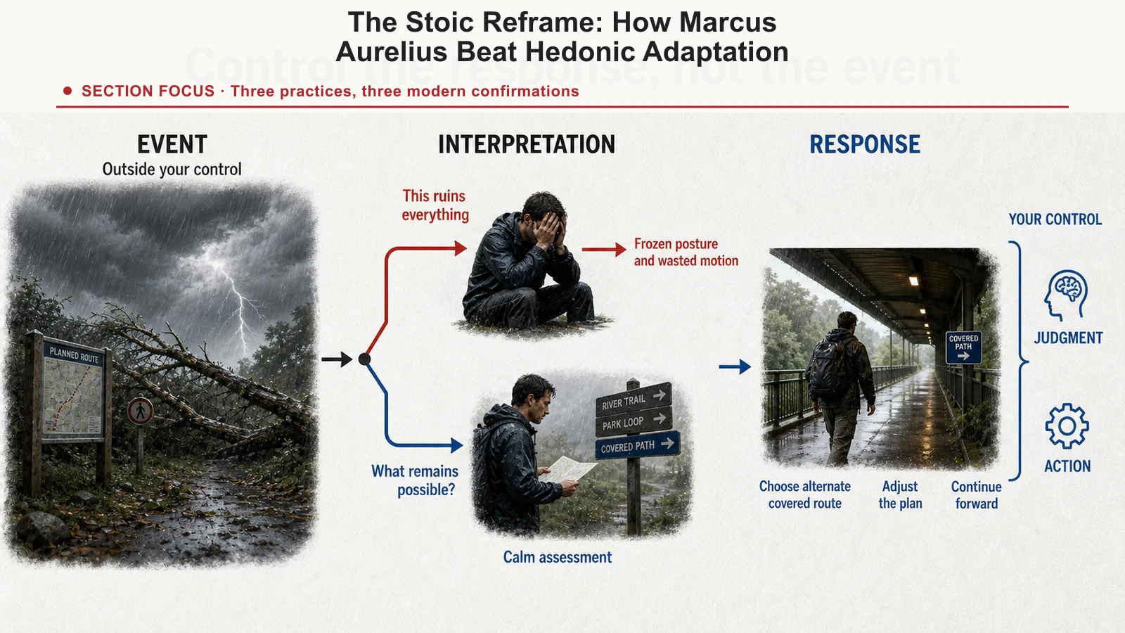 Stoic reframe diagram separating an external event from interpretation, controllable response, and adaptation.