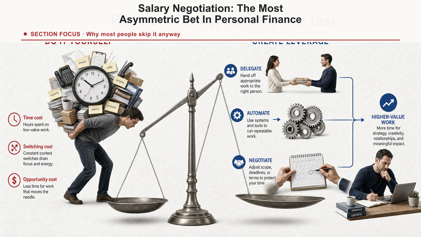 Decision diagram comparing the time cost of doing a task yourself with delegation, negotiation, and higher-value work.