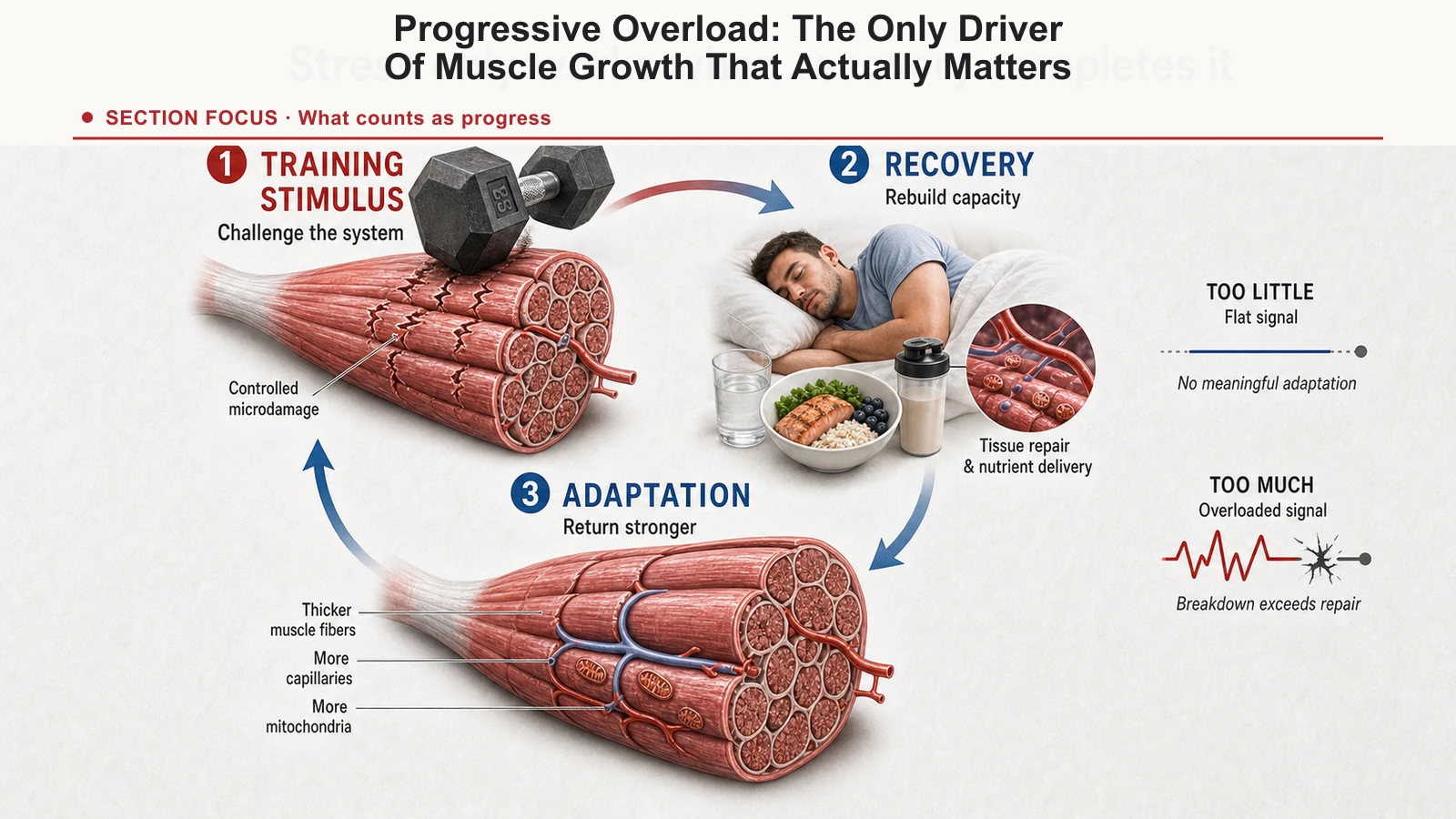 Training cycle showing how an appropriate stress followed by recovery produces adaptation and greater capacity.
