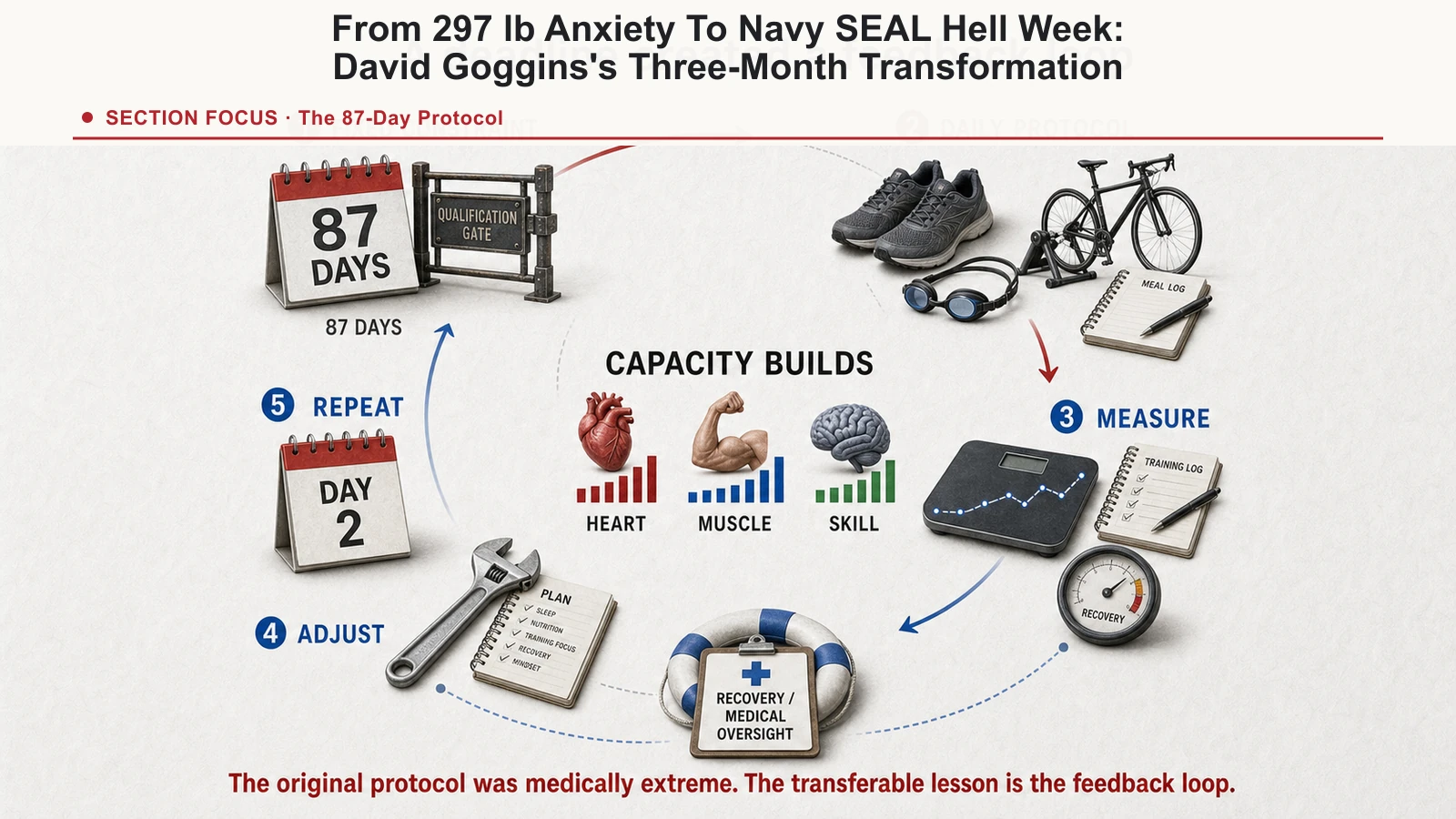 Transformation feedback loop connecting a fixed constraint, daily protocol, measurement, adjustment, and accumulated capacity.