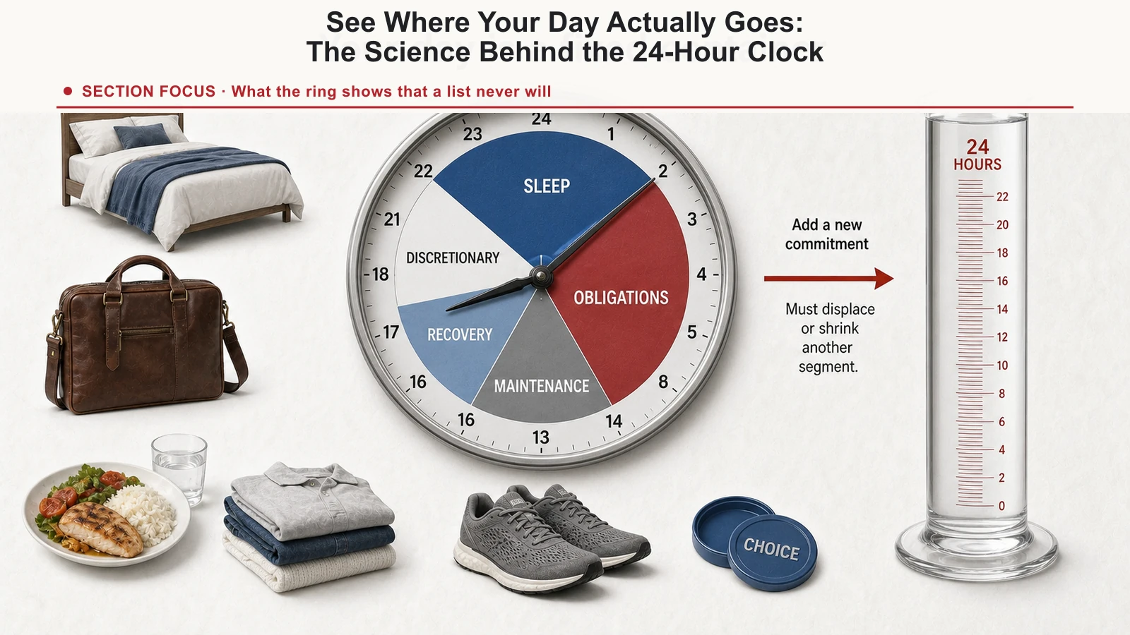 Twenty-four-hour clock showing how sleep, obligations, maintenance, recovery, and discretionary time fill a day.