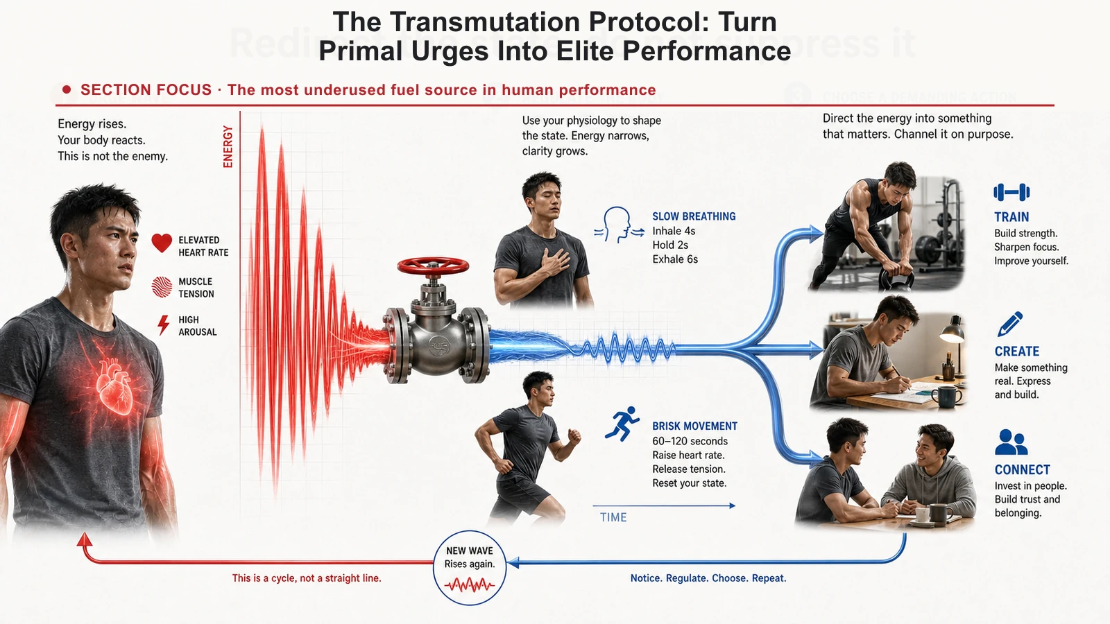 Three-stage diagram redirecting an intense urge through physiological regulation into a chosen demanding action.
