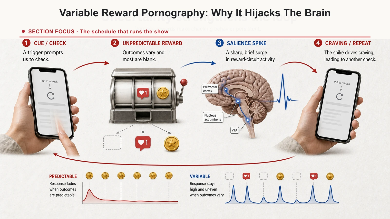 Variable reward loop showing unpredictable payoff strengthening checking, craving, and repeated behavior.