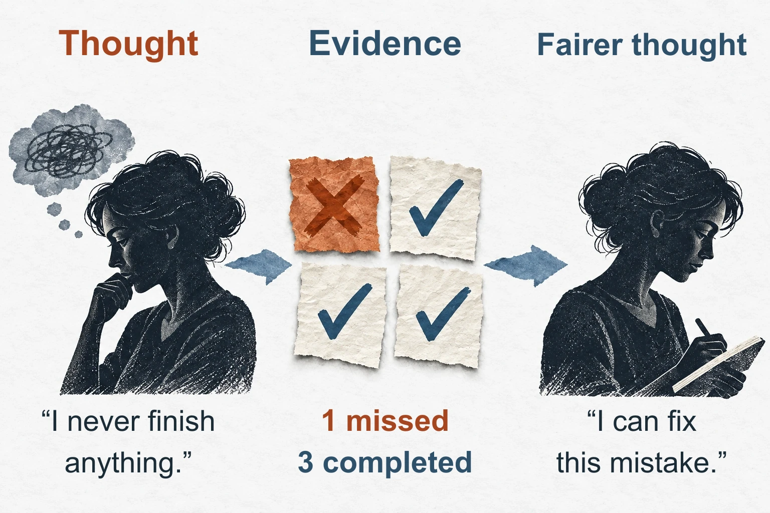Thought, evidence, and a fairer thought: I never finish anything; one missed task and three completed tasks; I can fix this mistake.