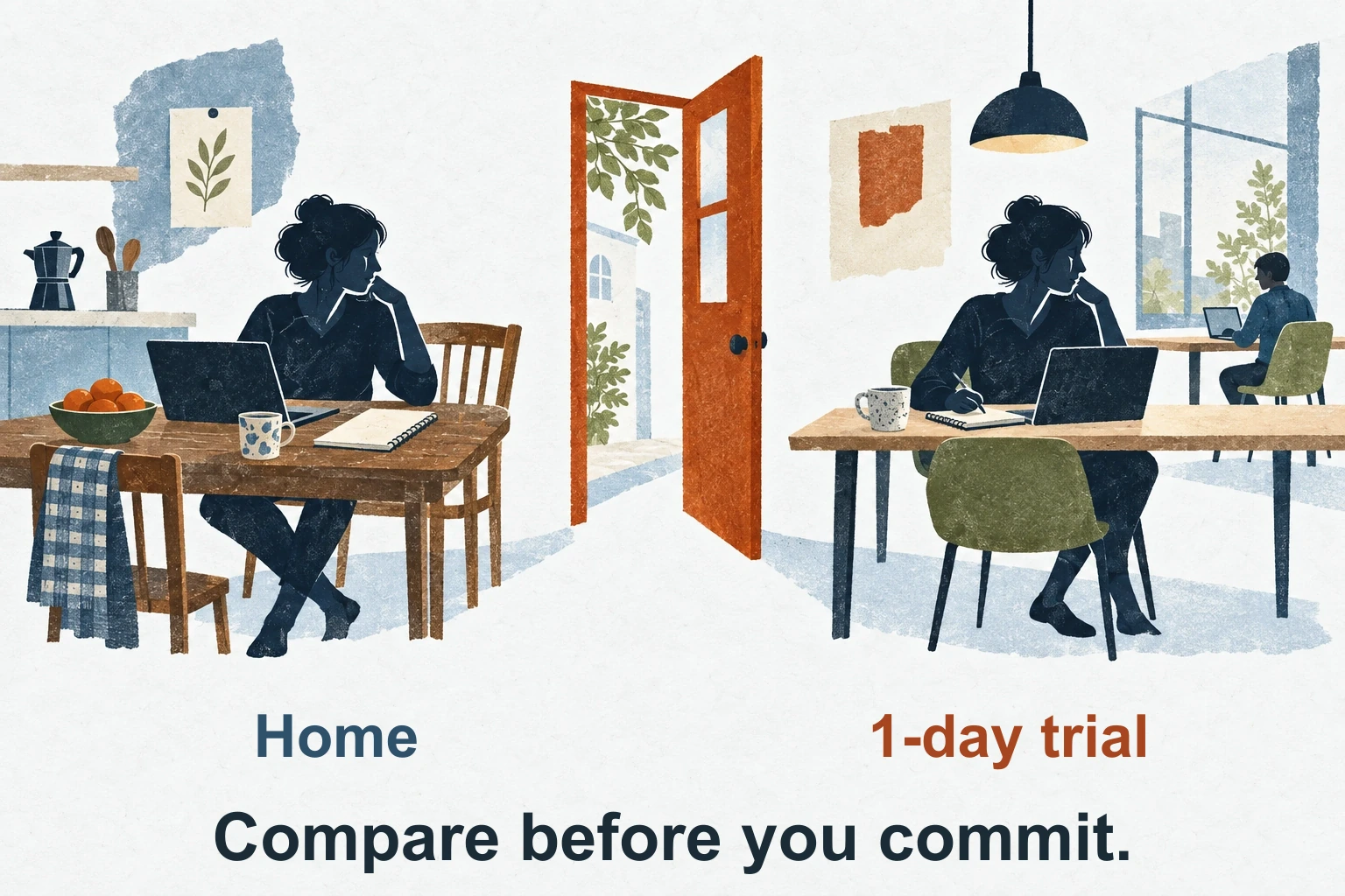 The same person compares working at home with a one-day shared-workspace trial before making a longer commitment.