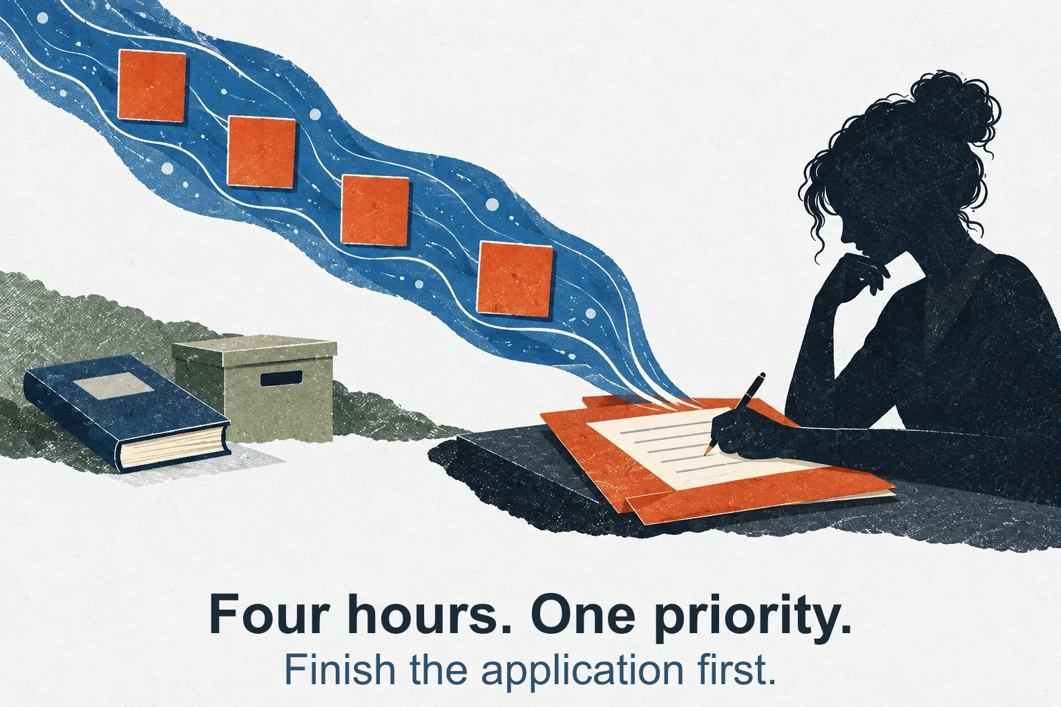 Four orange time blocks flow toward one job application. A course book and storage box wait beside the path, showing how four available hours serve one priority.