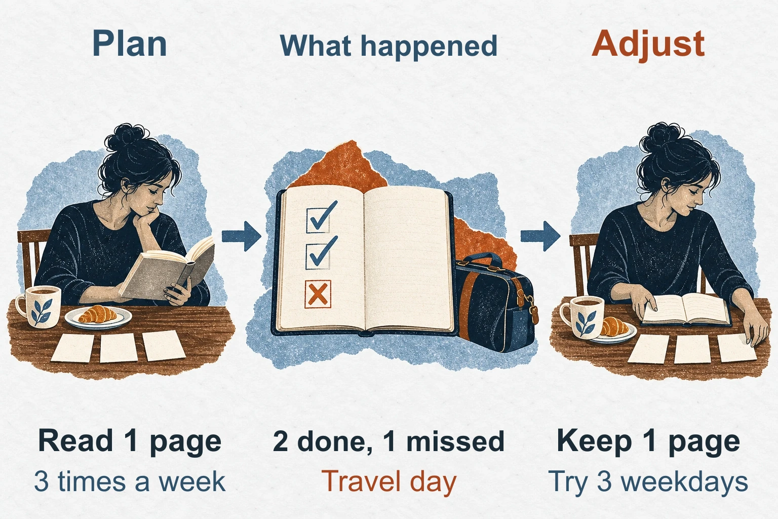 Plan to read one page three times, record two completed sessions and one missed during travel, then keep one page and try three weekdays.
