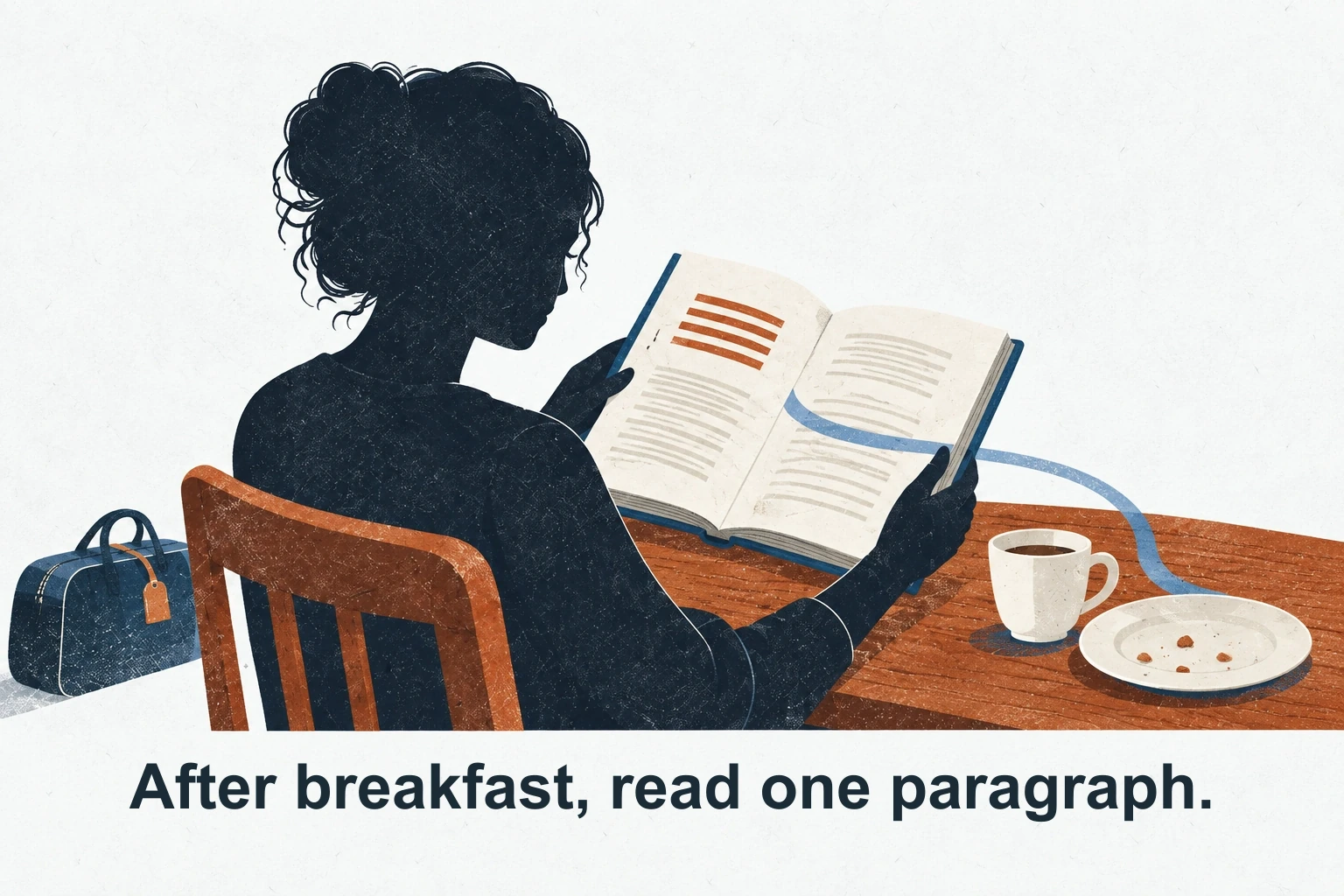 A reader highlights one paragraph beside a finished breakfast. The plate and book connect the existing breakfast routine with a small reading restart.