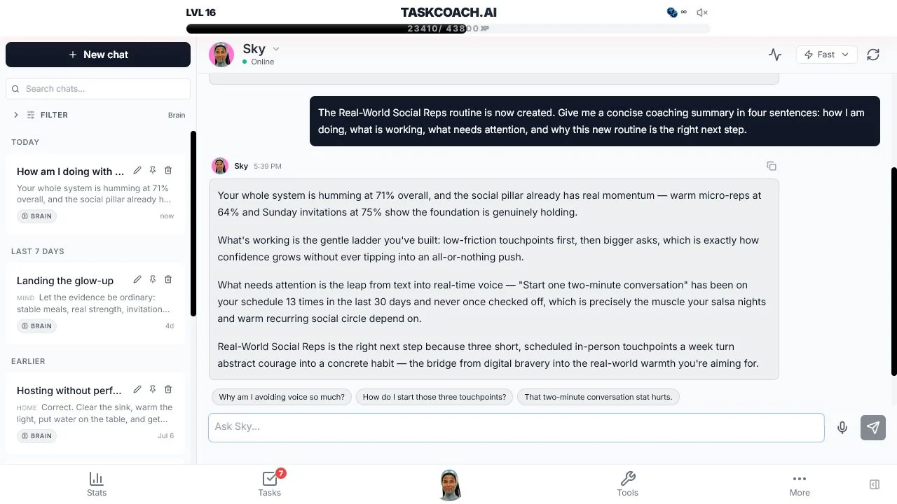TaskCoach Brain Agent reviews Mara's recent social habits and recommends a Real-World Social Reps routine.