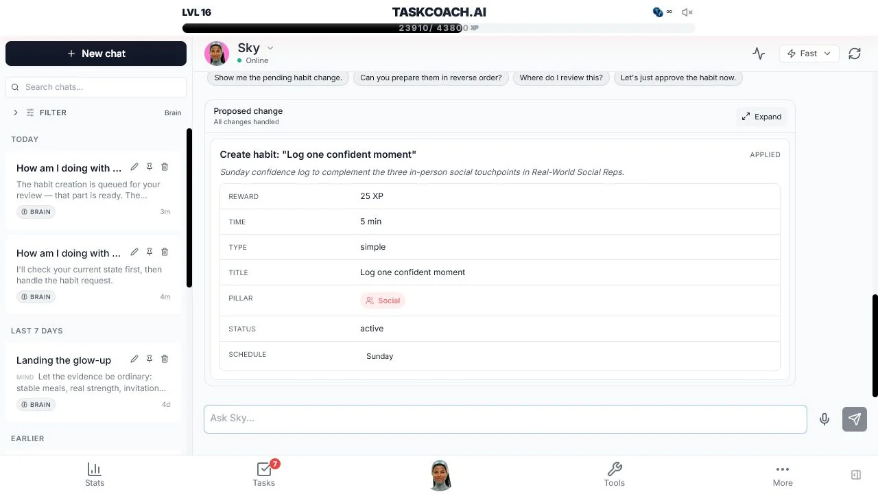 TaskCoach approval card showing the applied Sunday habit Log one confident moment.