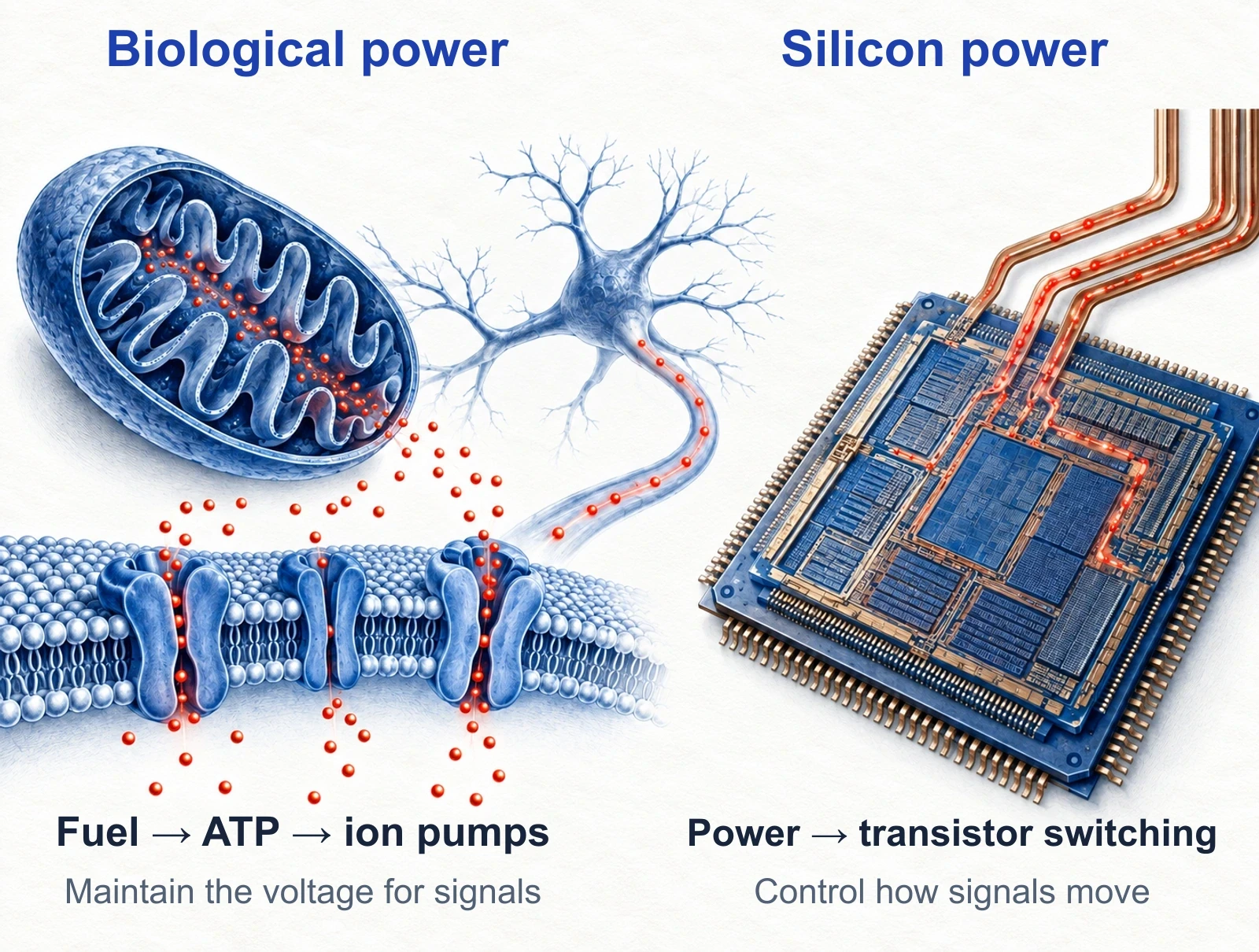 A mitochondrion supplies ATP to membrane pumps that maintain ion gradients. A silicon chip uses electrical power to switch transistors and move signals.