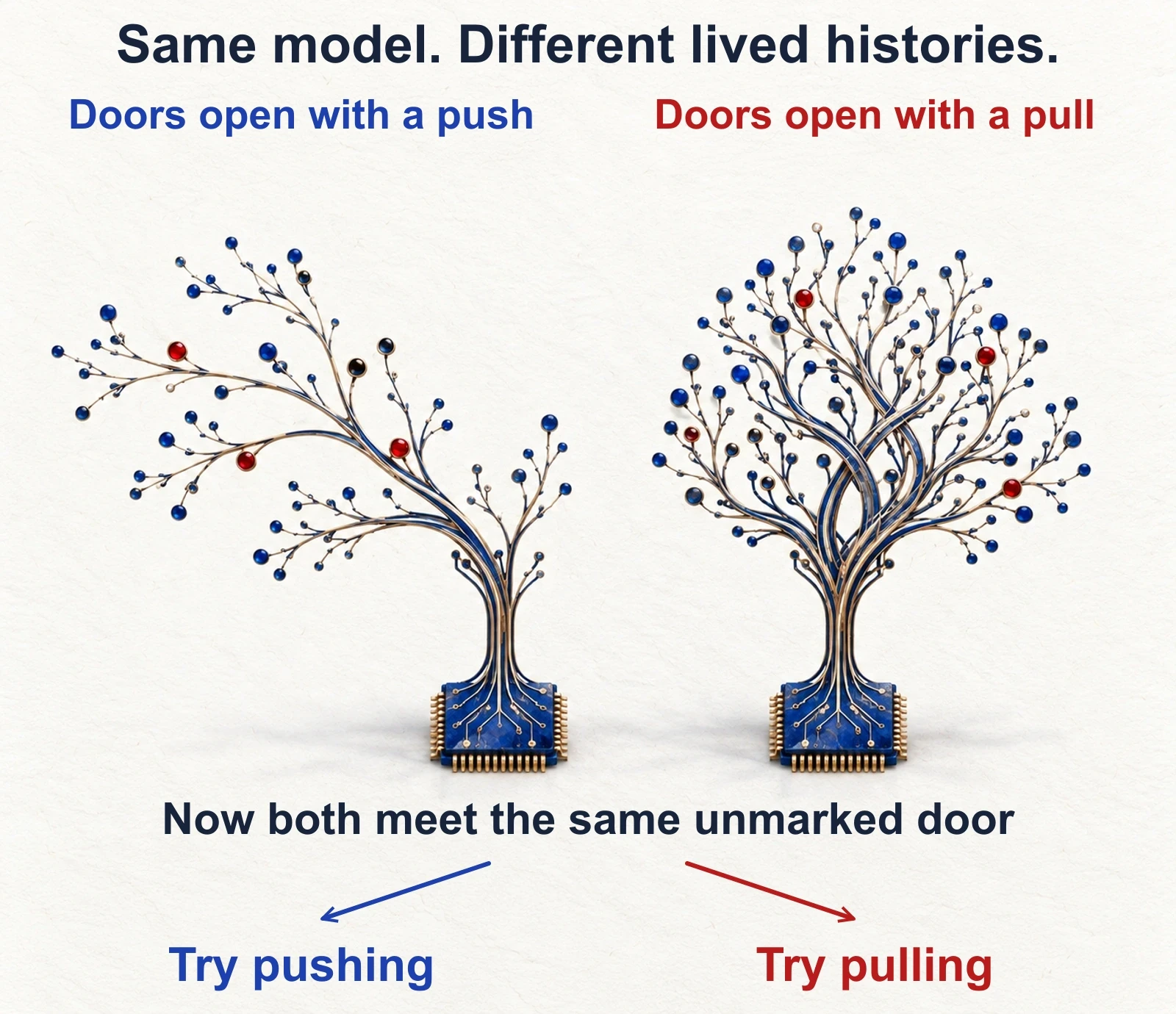 Two identical starting models develop different learned pathways after different experiences. One history contains doors that open with a push; the other contains doors that open with a pull. At the same new door, the models try different actions.