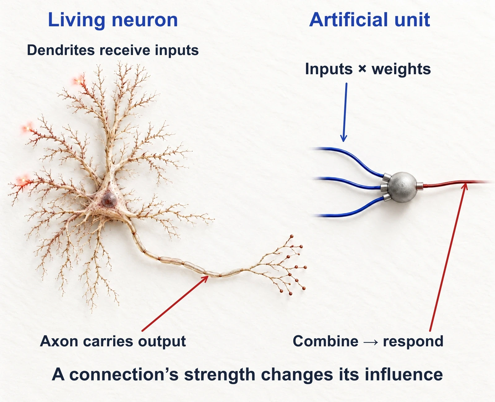 Dendrites receive signals and an axon carries a response. An artificial unit combines weighted inputs into an output. Connection strength controls how much an input contributes.