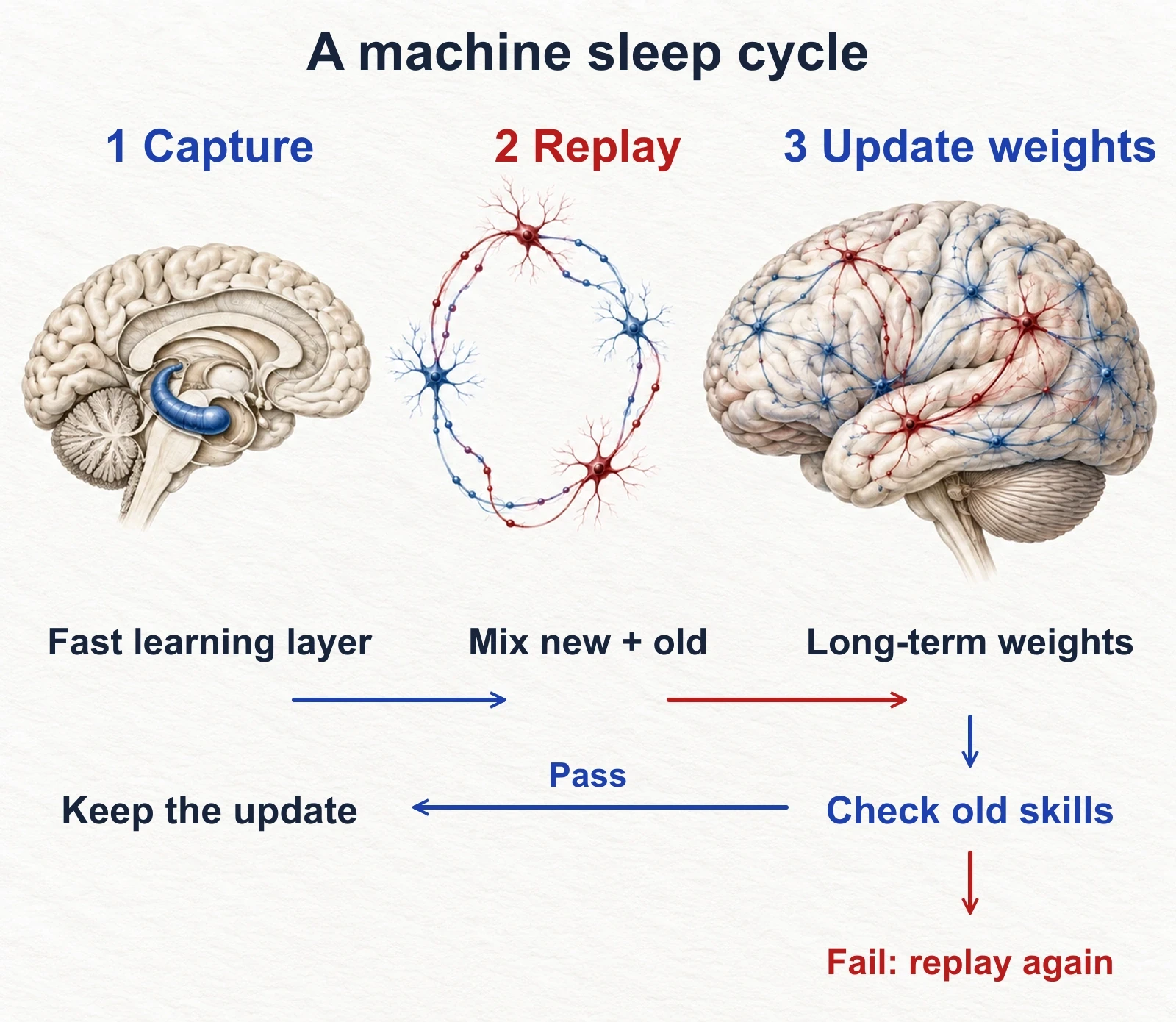A proposed machine sleep cycle: capture live experience in a fast learning layer, replay selected encounters with older knowledge, and update long-term weights. Check older abilities before keeping the update.