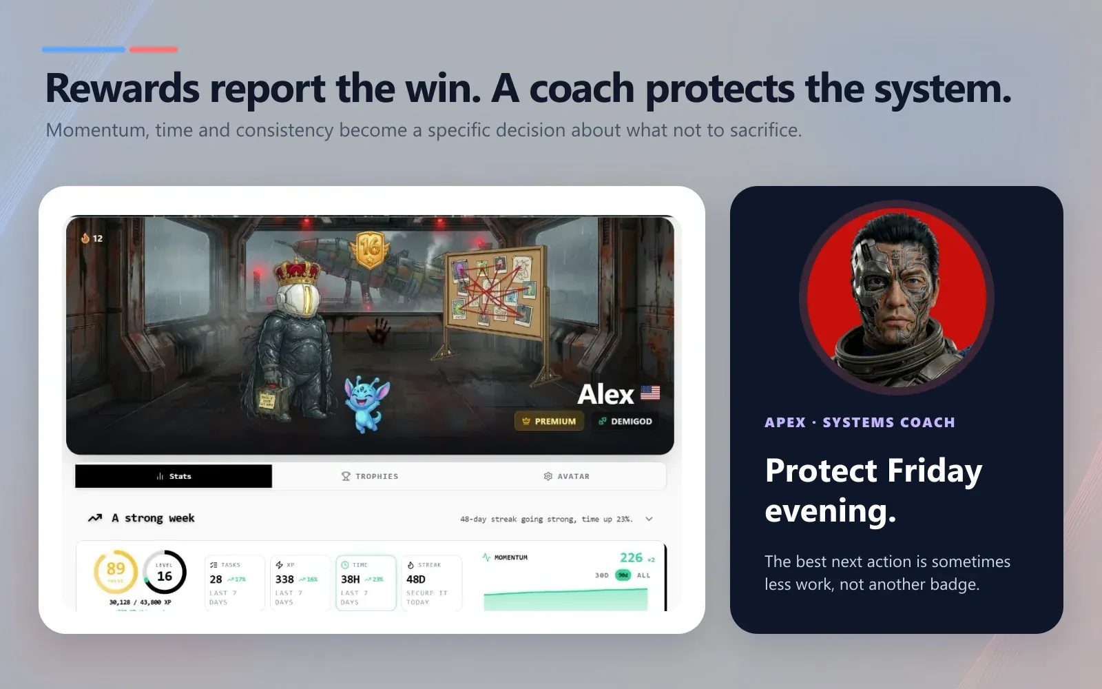TaskCoach's real Hero Sun Deck Strong Week dashboard beside Apex's recommendation to protect Friday evening, showing how progress, momentum, time, and consistency become a boundary instead of another demand for completion.