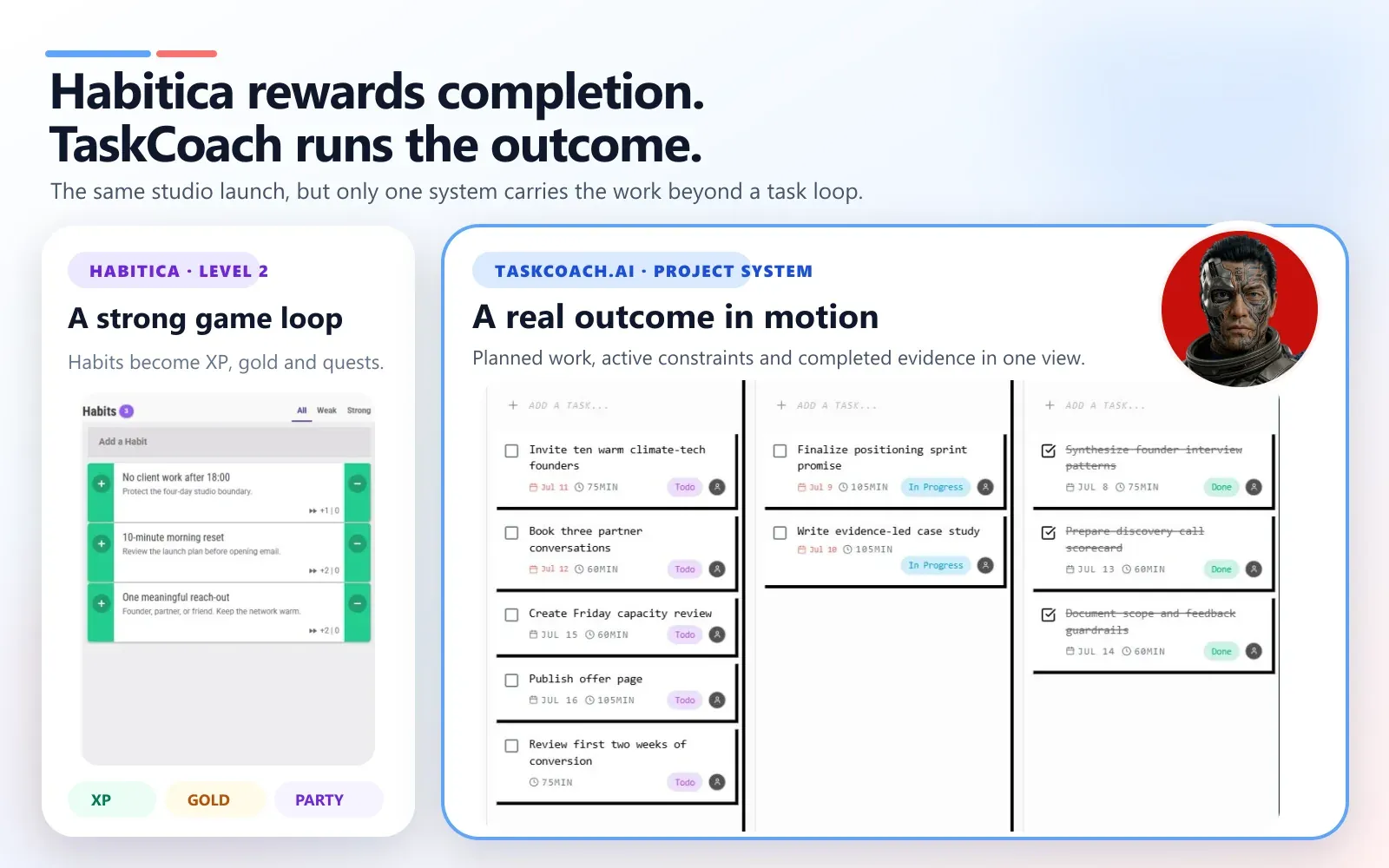 Real Habitica and TaskCoach accounts using the same studio launch: Habitica turns habits into rewards, while TaskCoach moves the full project across Todo, In Progress, and Done.