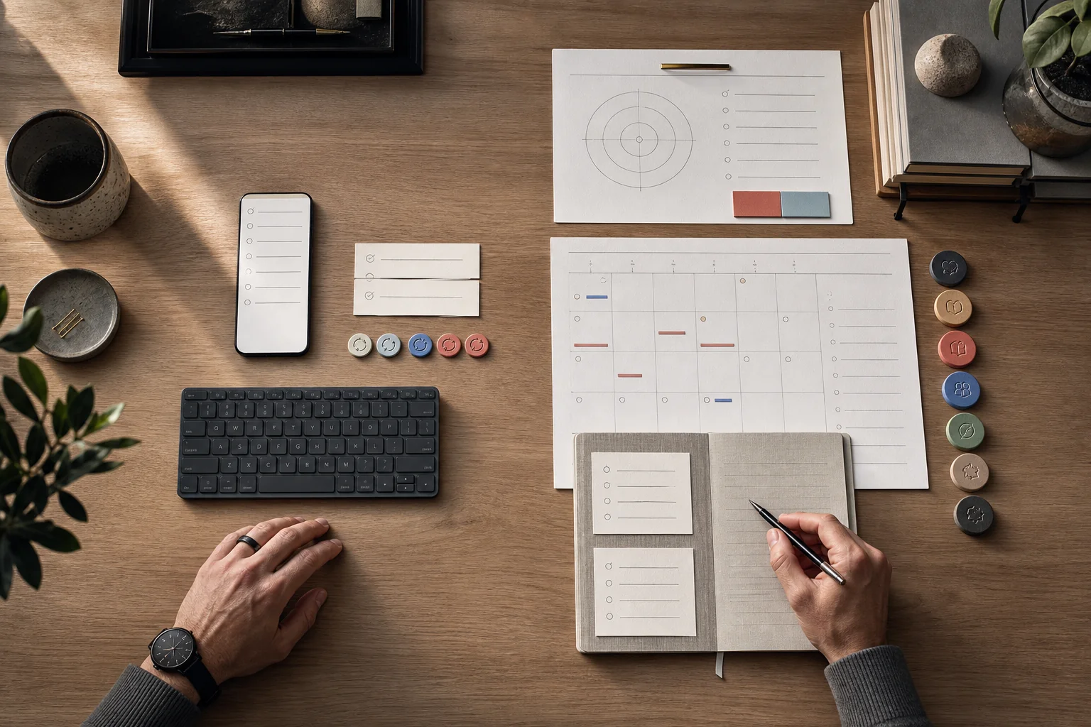 A premium editorial desk showing the choice between a clean task list and a wider planning system that can see balance, time, and life areas.