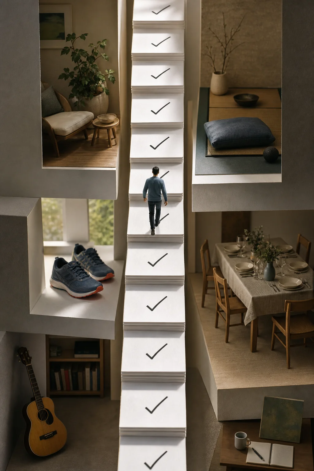 A narrow runway of completed checkboxes passing between the parts of life the list cannot see, from recovery and health to relationships and reflection.