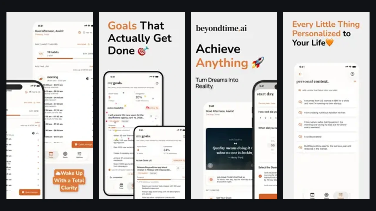 Beyond Time's official App Store gallery shows goals, routines, time tracking, and AI-guided daily review.