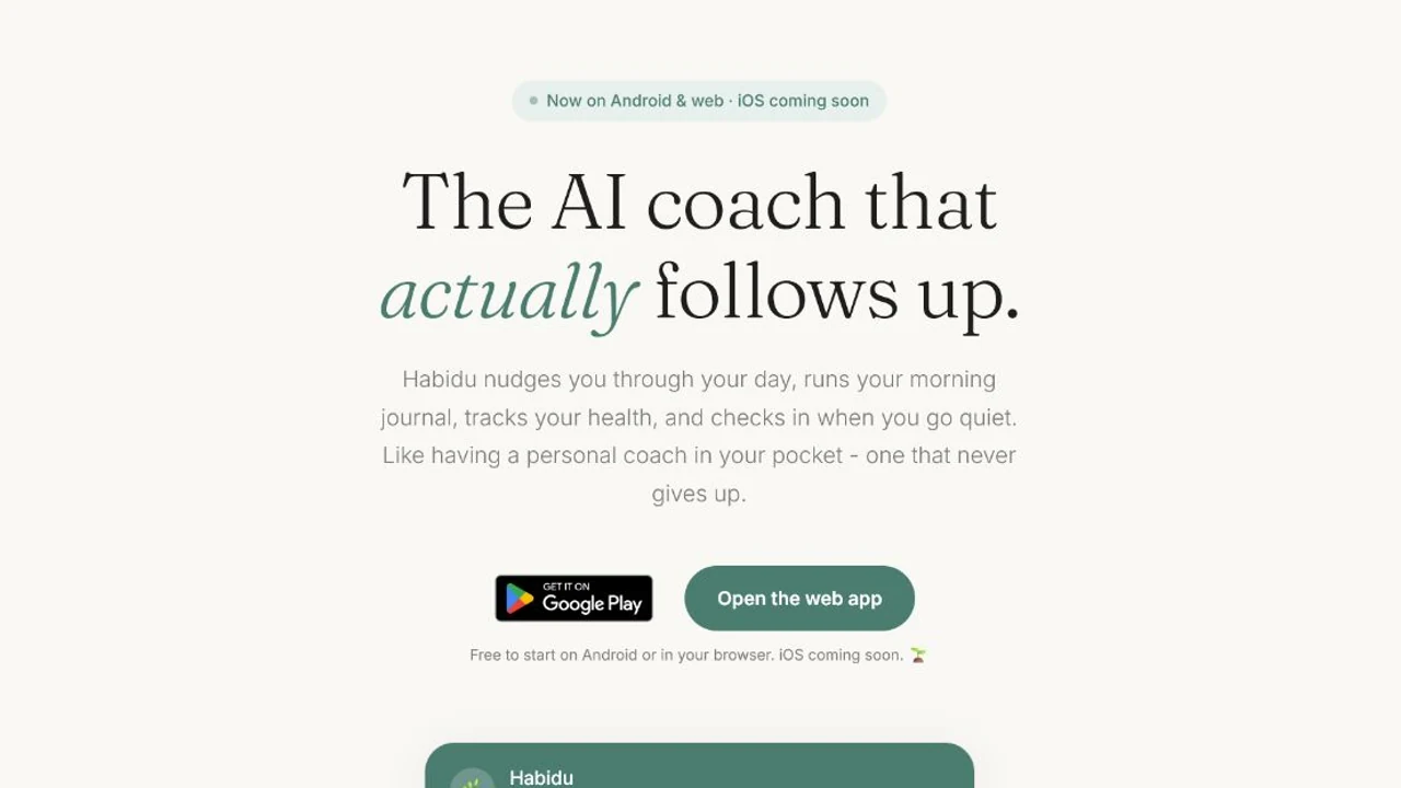 Habidu's official website introduces an AI coach that follows up on tasks and keeps commitments visible.