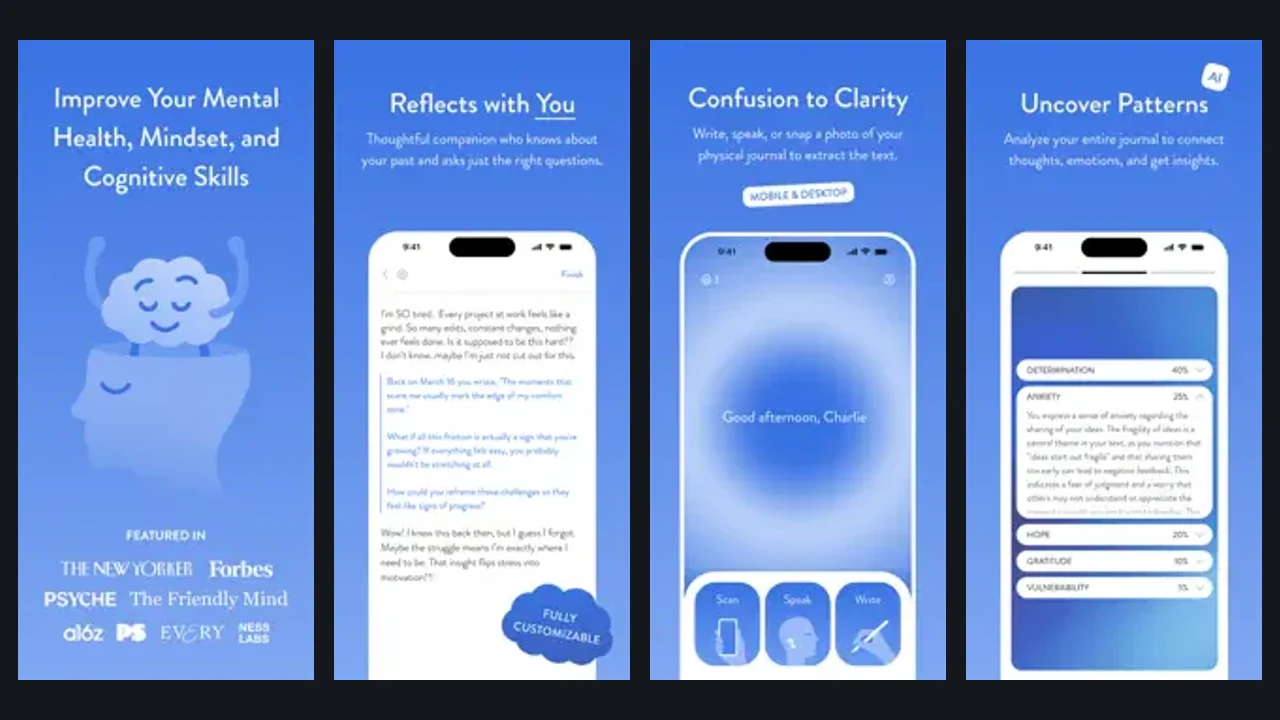 Mindsera's official app preview shows AI journal analysis, mood tracking, mental models, and personalized feedback.