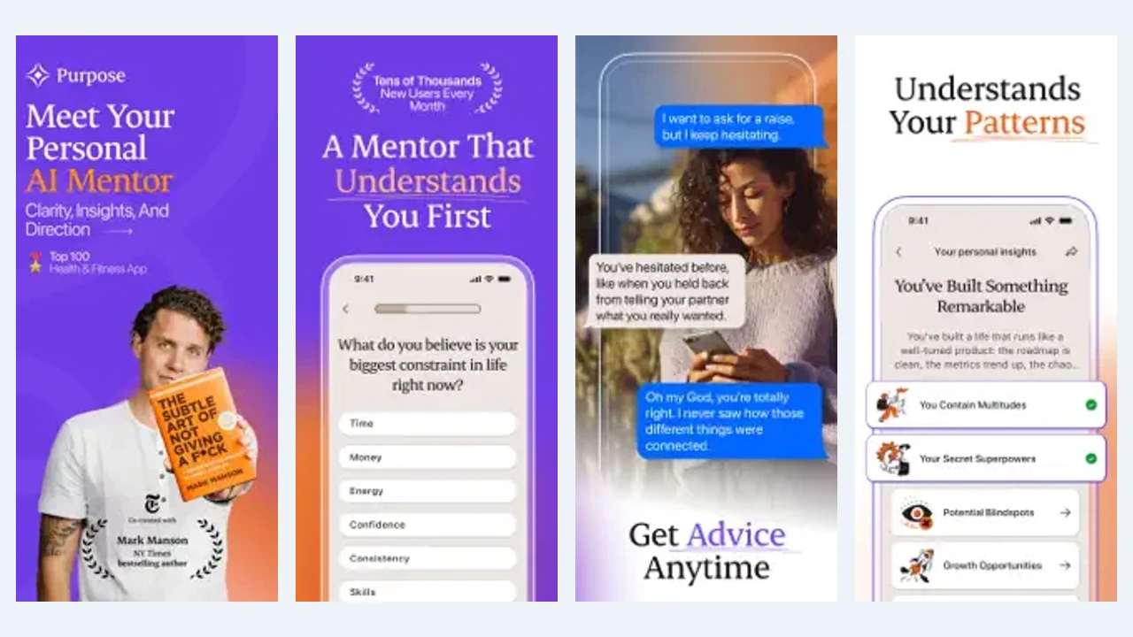 Purpose's official App Store gallery introduces its personal AI mentor, pattern recognition, direct advice, and personal insights.