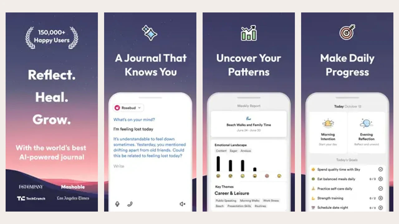 Rosebud's official app preview shows guided AI journaling, voice entries, personal insights, and growth tools.