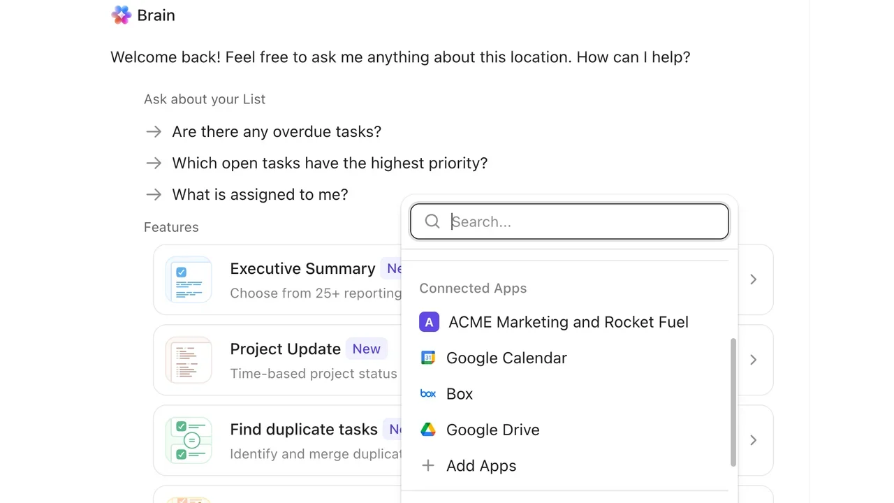 ClickUp Brain opens inside a task location with project update tools, stuck-task detection, priority questions, and connected workspace sources.
