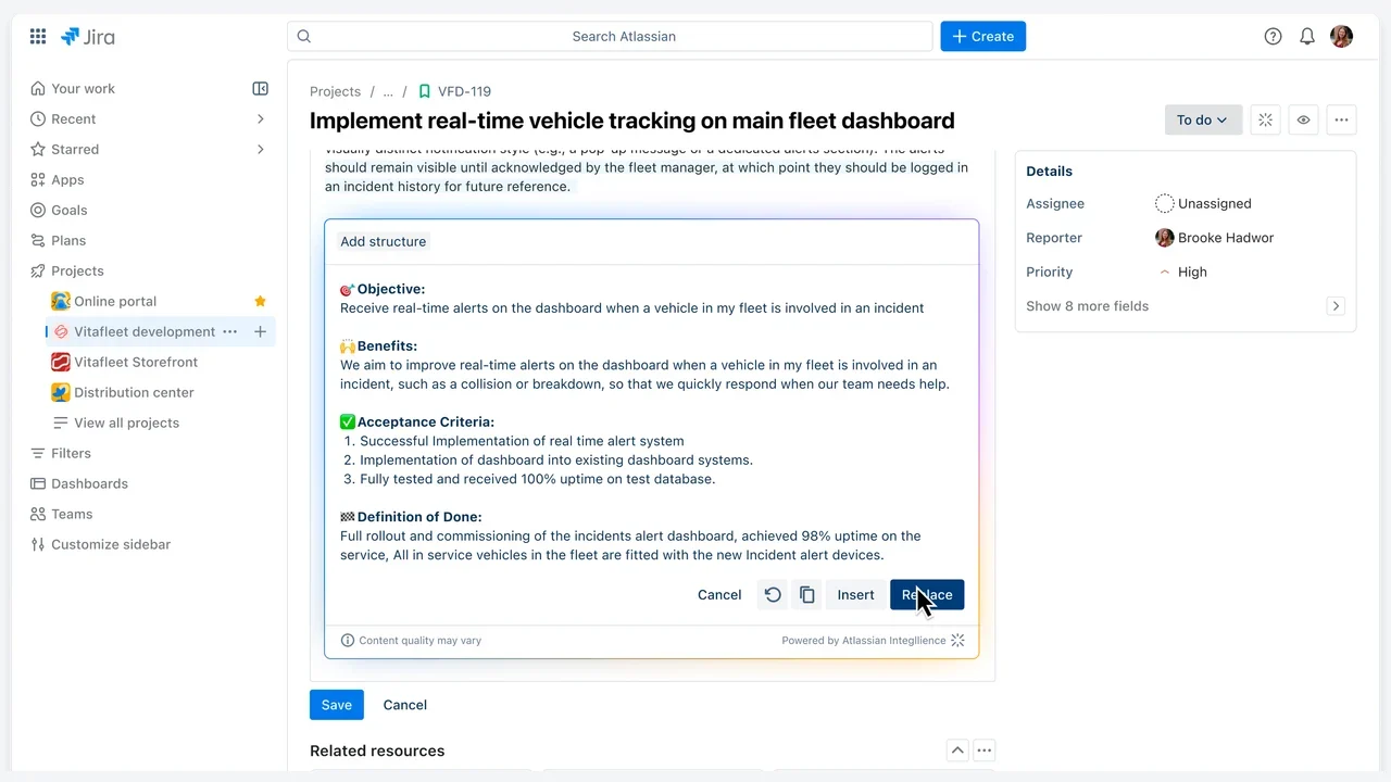 Jira's built-in AI restructures a project issue into an objective, benefits, acceptance criteria, and definition of done inside the work item.
