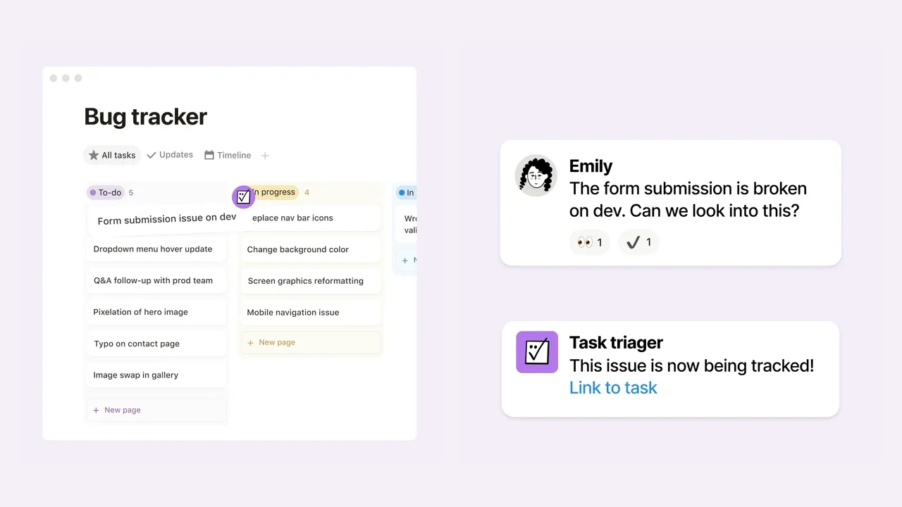 Notion Agent turns a reported form bug into tracked project work, moving the task into a shared bug tracker and confirming the update.