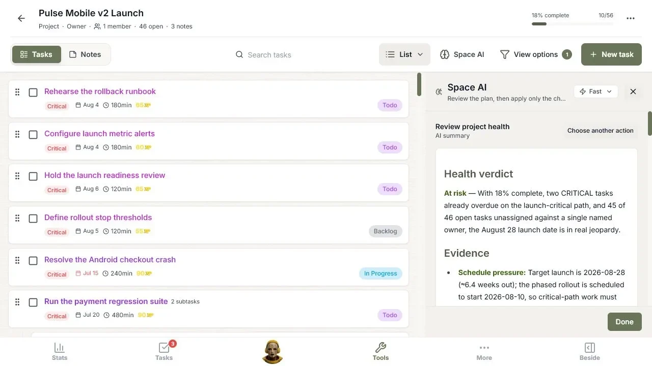 TaskCoach Space AI reviews a realistic mobile launch, explains an at-risk verdict, and cites progress, overdue work, and missing ownership.